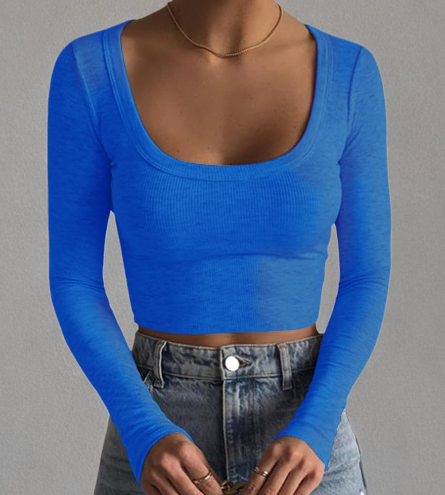 Women's Square Neck Long Sleeve Ribbed Slim Fitted Casual Basic Crop Top - Picture 45 of 95