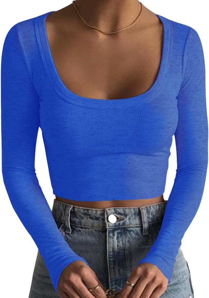 Women's Square Neck Long Sleeve Ribbed Slim Fitted Casual Basic Crop Top - Picture 46 of 95
