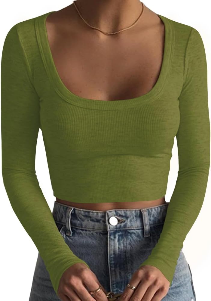 Women's Square Neck Long Sleeve Ribbed Slim Fitted Casual Basic Crop Top - Picture 47 of 95