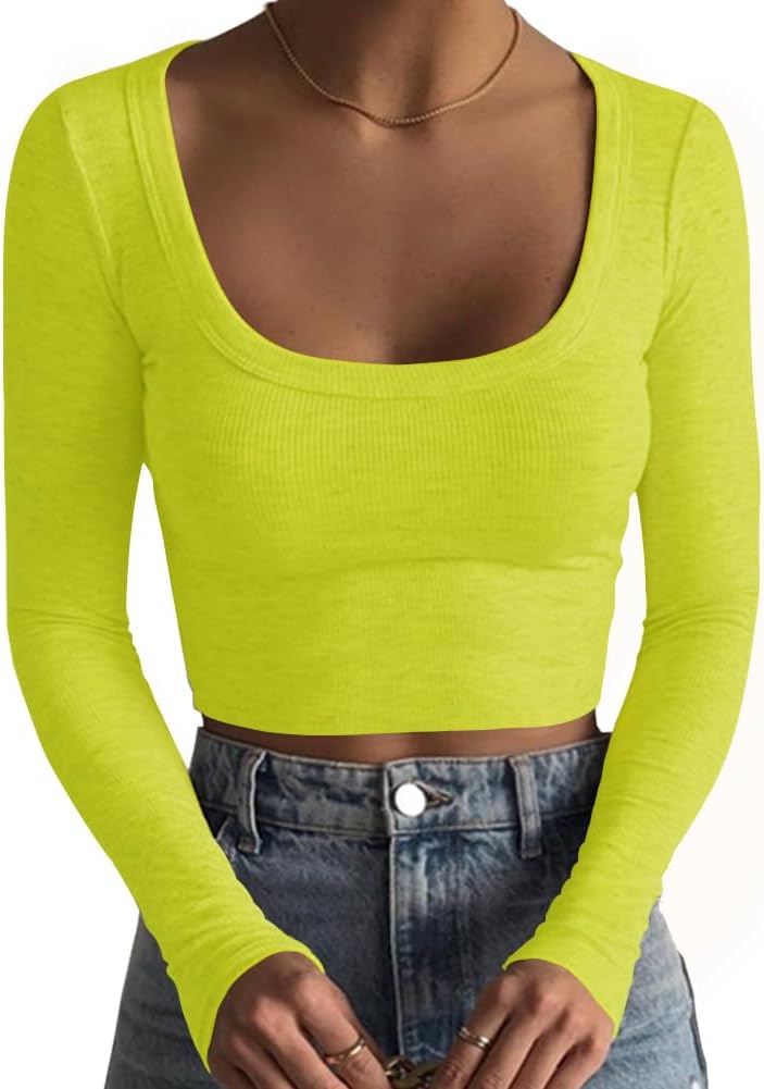 Women's Square Neck Long Sleeve Ribbed Slim Fitted Casual Basic Crop Top - Picture 51 of 95