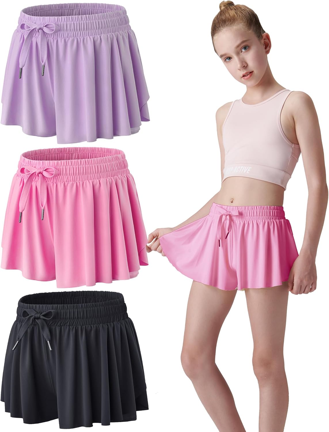 3 Pack Girls 2-in-1 Flowy Shorts with Spandex Liner for Fitness and Sports - Picture 114 of 120