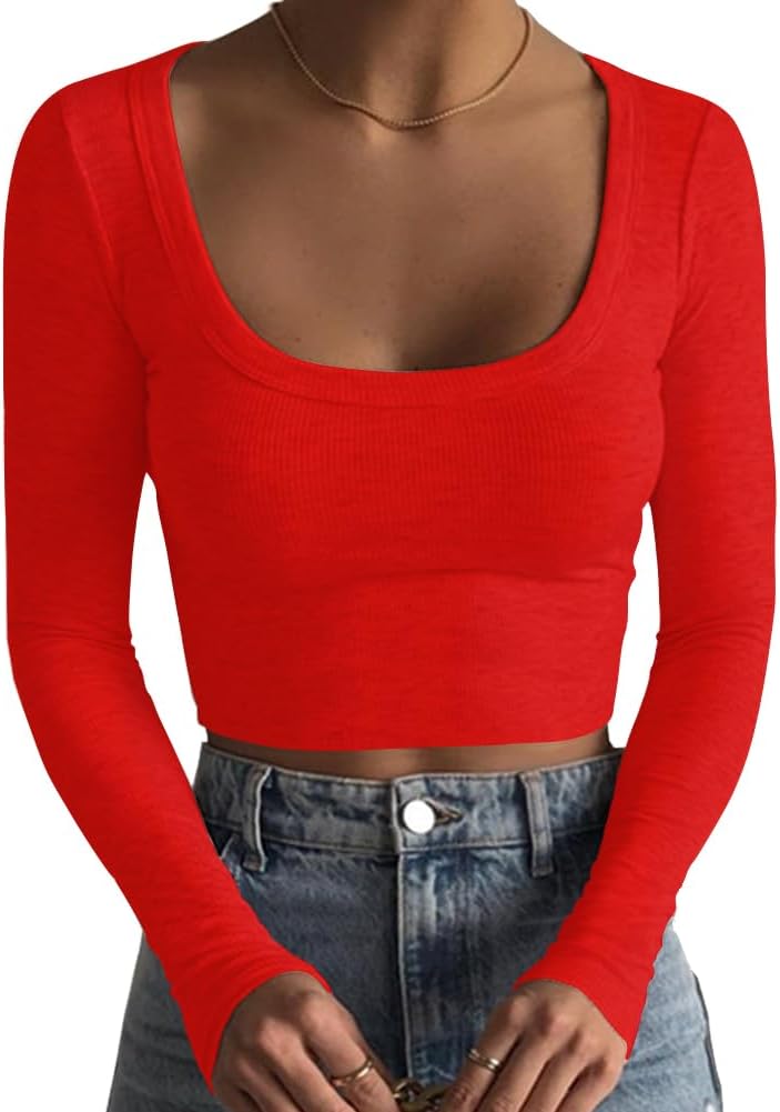 Women's Square Neck Long Sleeve Ribbed Slim Fitted Casual Basic Crop Top - Picture 60 of 95