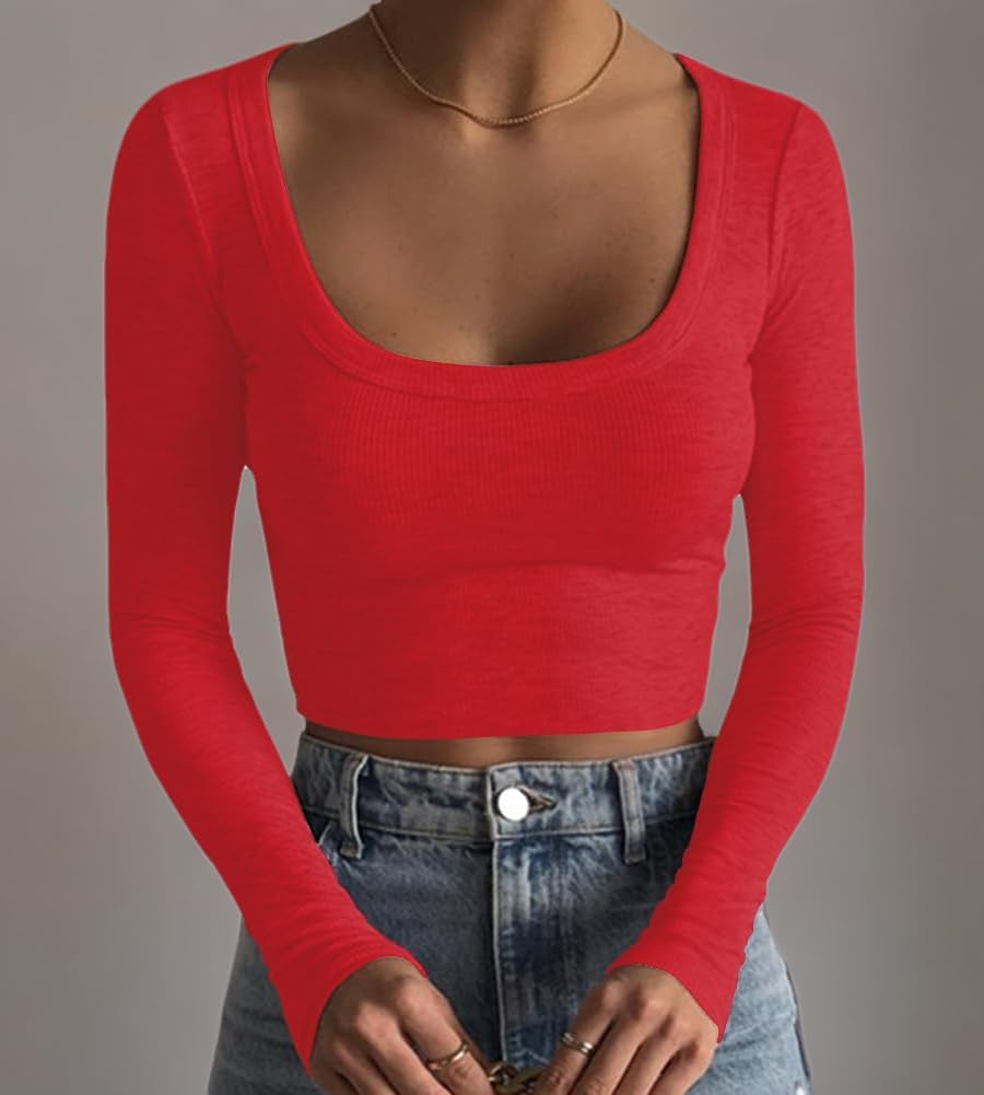 Women's Square Neck Long Sleeve Ribbed Slim Fitted Casual Basic Crop Top - Picture 63 of 95