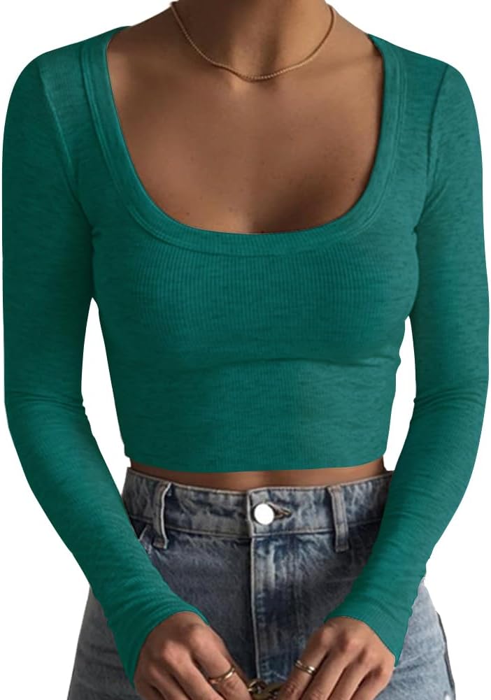 Women's Square Neck Long Sleeve Ribbed Slim Fitted Casual Basic Crop Top - Picture 64 of 95