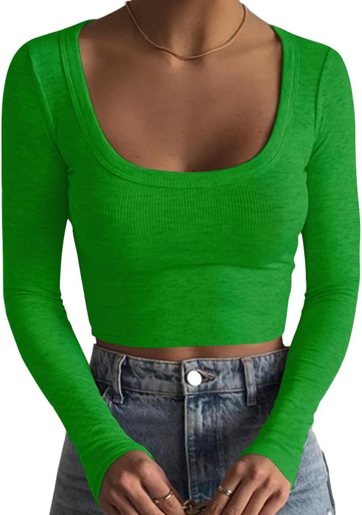 Women's Square Neck Long Sleeve Ribbed Slim Fitted Casual Basic Crop Top - Picture 67 of 95