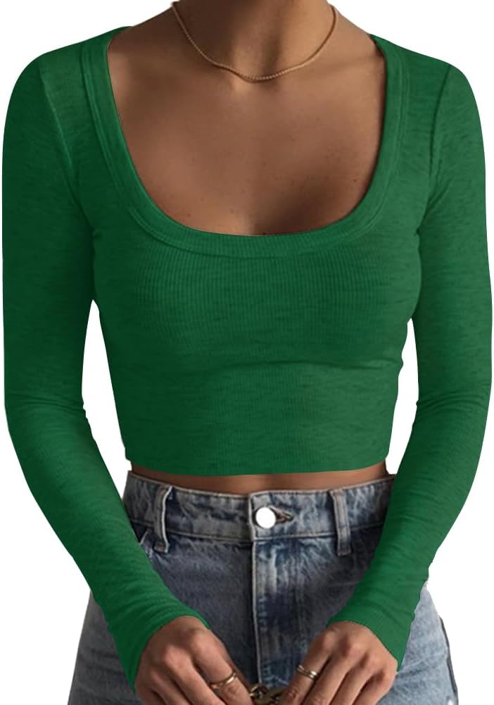 Women's Square Neck Long Sleeve Ribbed Slim Fitted Casual Basic Crop Top - Picture 74 of 95