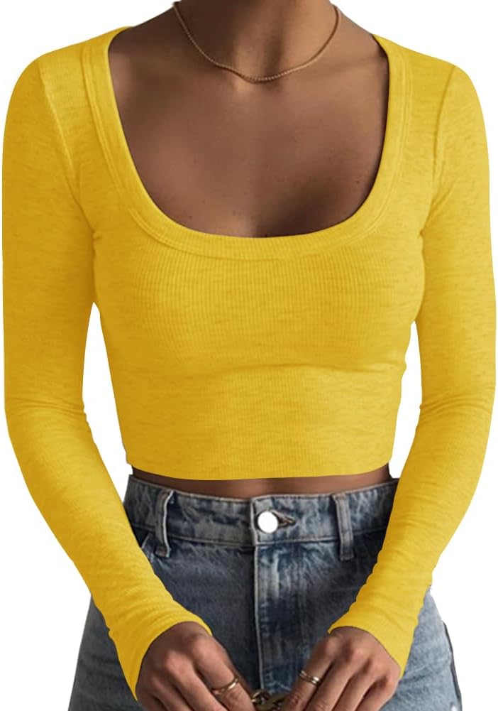 Women's Square Neck Long Sleeve Ribbed Slim Fitted Casual Basic Crop Top - Picture 78 of 95