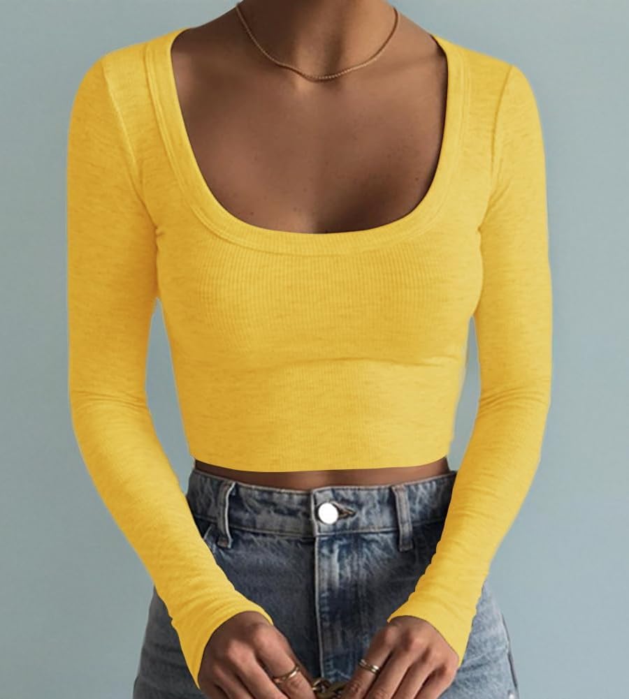 Women's Square Neck Long Sleeve Ribbed Slim Fitted Casual Basic Crop Top - Picture 82 of 95