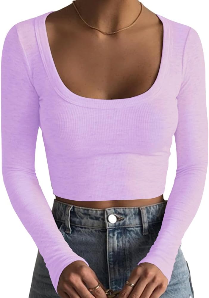 Women's Square Neck Long Sleeve Ribbed Slim Fitted Casual Basic Crop Top - Picture 83 of 95