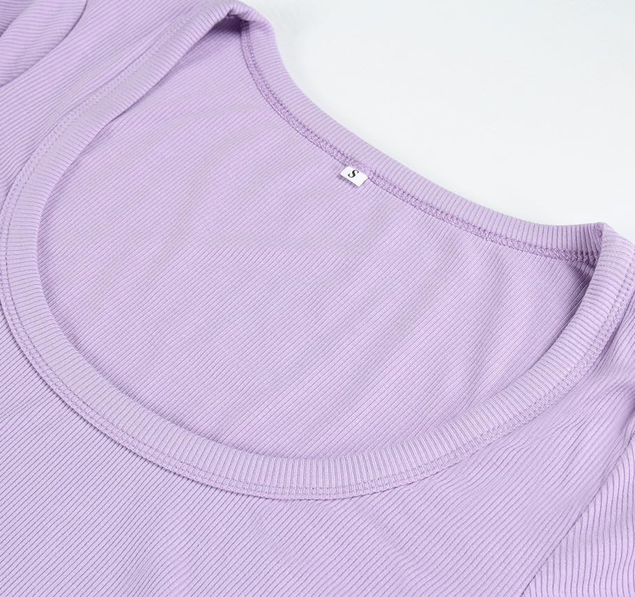 Women's Square Neck Long Sleeve Ribbed Slim Fitted Casual Basic Crop Top - Picture 84 of 95
