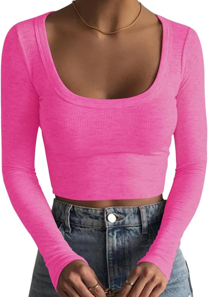 Women's Square Neck Long Sleeve Ribbed Slim Fitted Casual Basic Crop Top - Picture 87 of 95