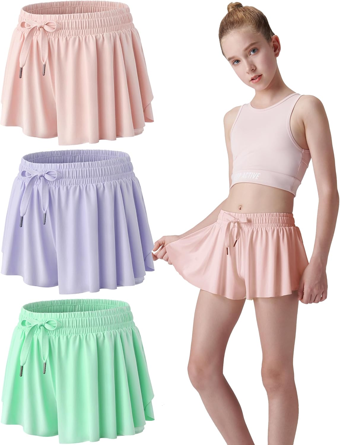 3 Pack Girls 2-in-1 Flowy Shorts with Spandex Liner for Fitness and Sports - Picture 86 of 120