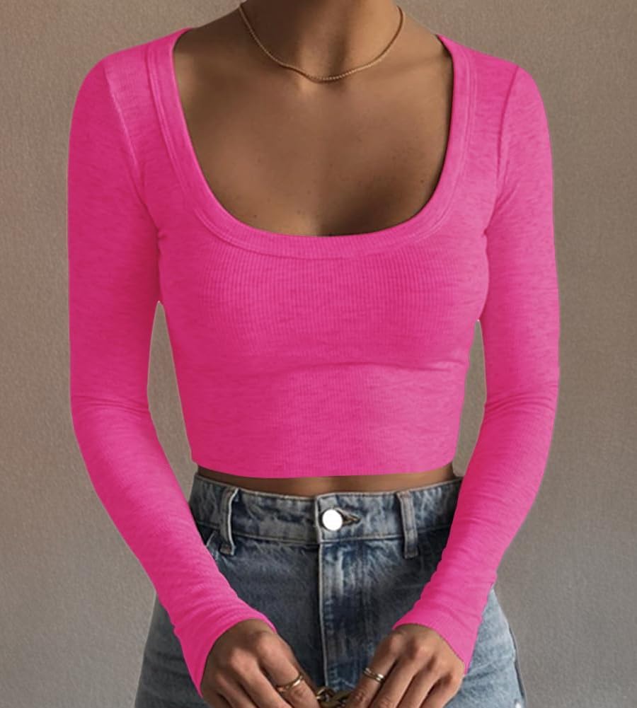 Women's Square Neck Long Sleeve Ribbed Slim Fitted Casual Basic Crop Top - Picture 91 of 95