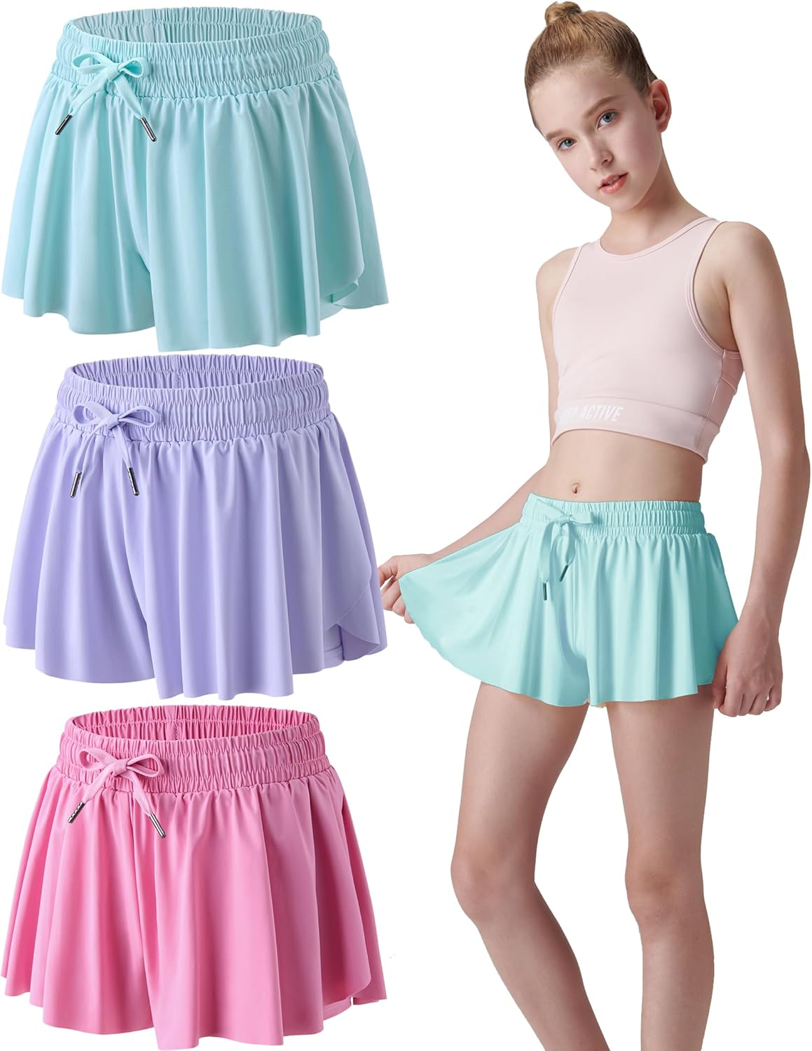 3 Pack Girls 2-in-1 Flowy Shorts with Spandex Liner for Fitness and Sports - Picture 26 of 120