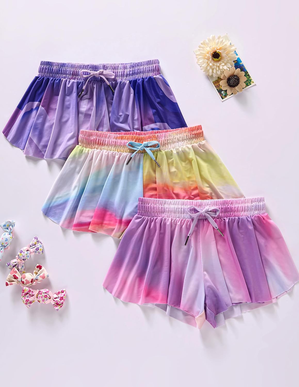 3 Pack Girls 2-in-1 Flowy Shorts with Spandex Liner for Fitness and Sports - Picture 49 of 120
