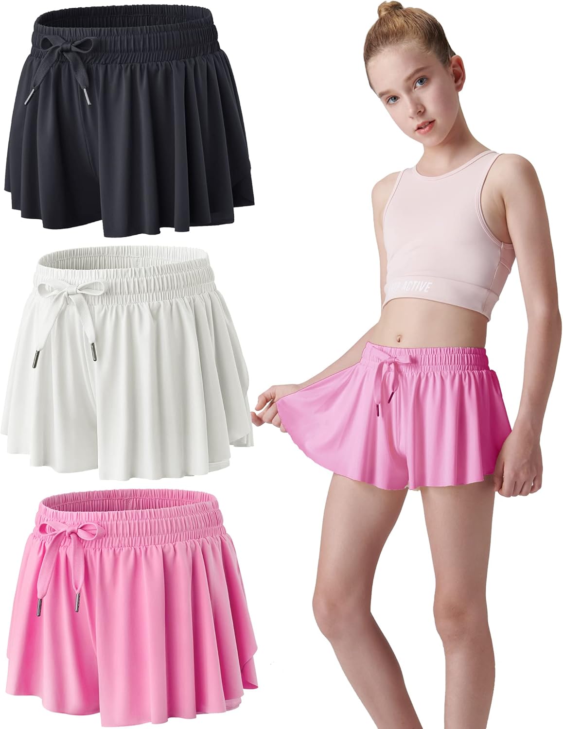 3 Pack Girls 2-in-1 Flowy Shorts with Spandex Liner for Fitness and Sports - Picture 79 of 120