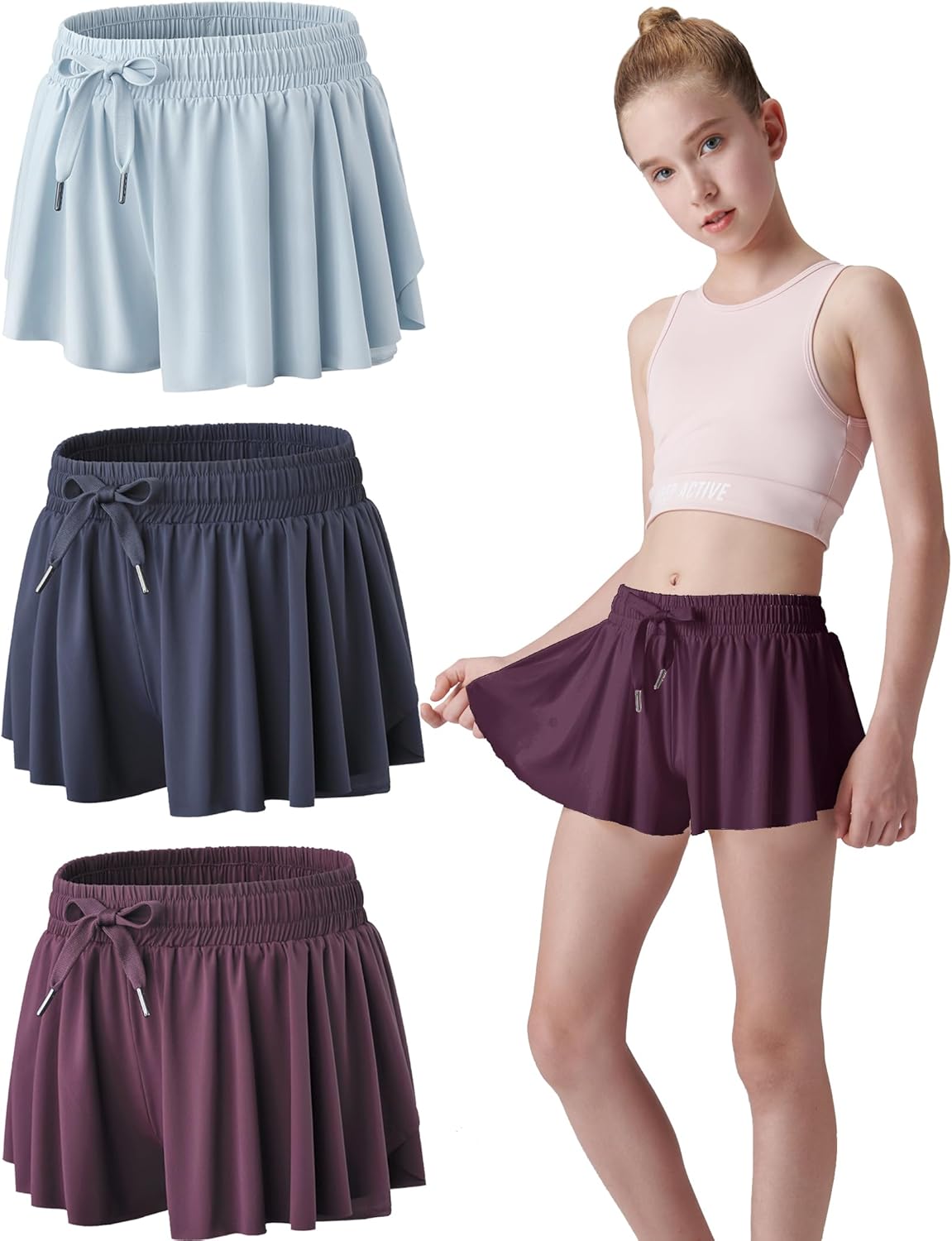 3 Pack Girls 2-in-1 Flowy Shorts with Spandex Liner for Fitness and Sports - Picture 97 of 120
