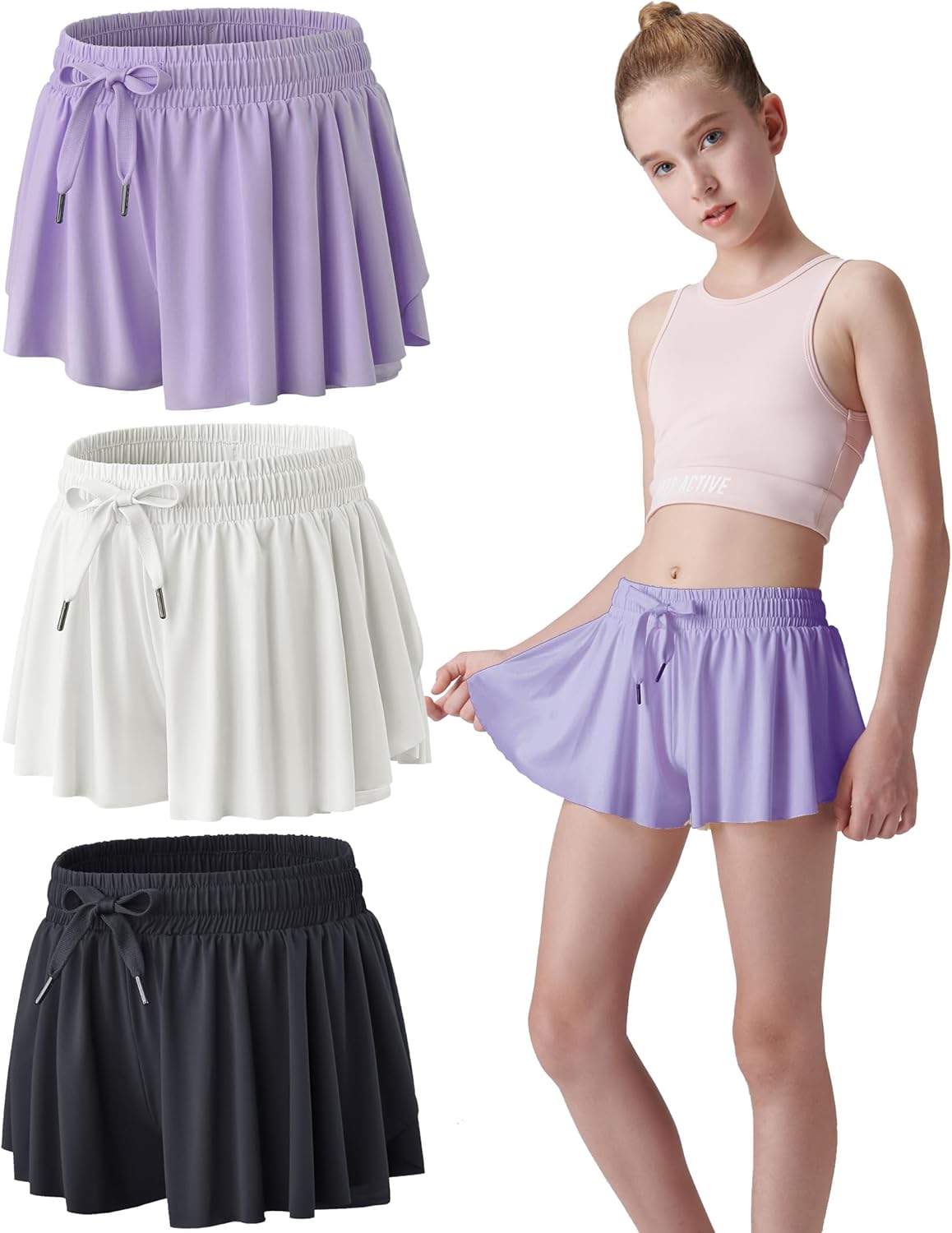 3 Pack Girls 2-in-1 Flowy Shorts with Spandex Liner for Fitness and Sports - Picture 103 of 120