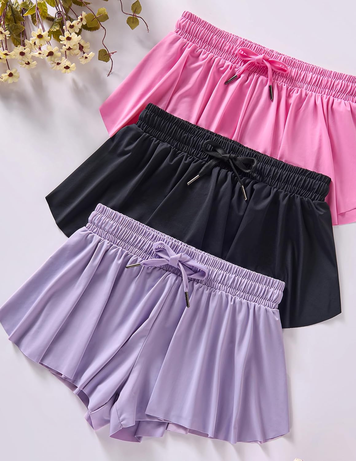 3 Pack Girls 2-in-1 Flowy Shorts with Spandex Liner for Fitness and Sports - Picture 115 of 120