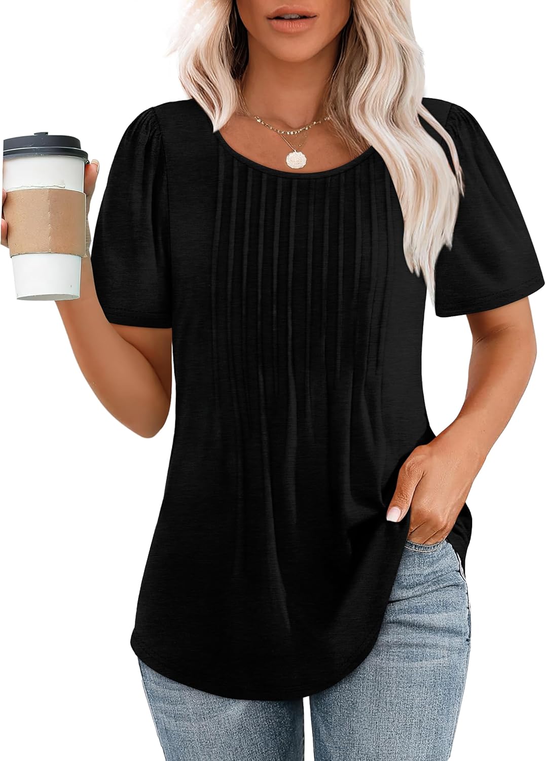 Women’s Short Sleeve Pleated T-Shirt - Casual Scooped Neck Summer Blouse - Picture 23 of 266