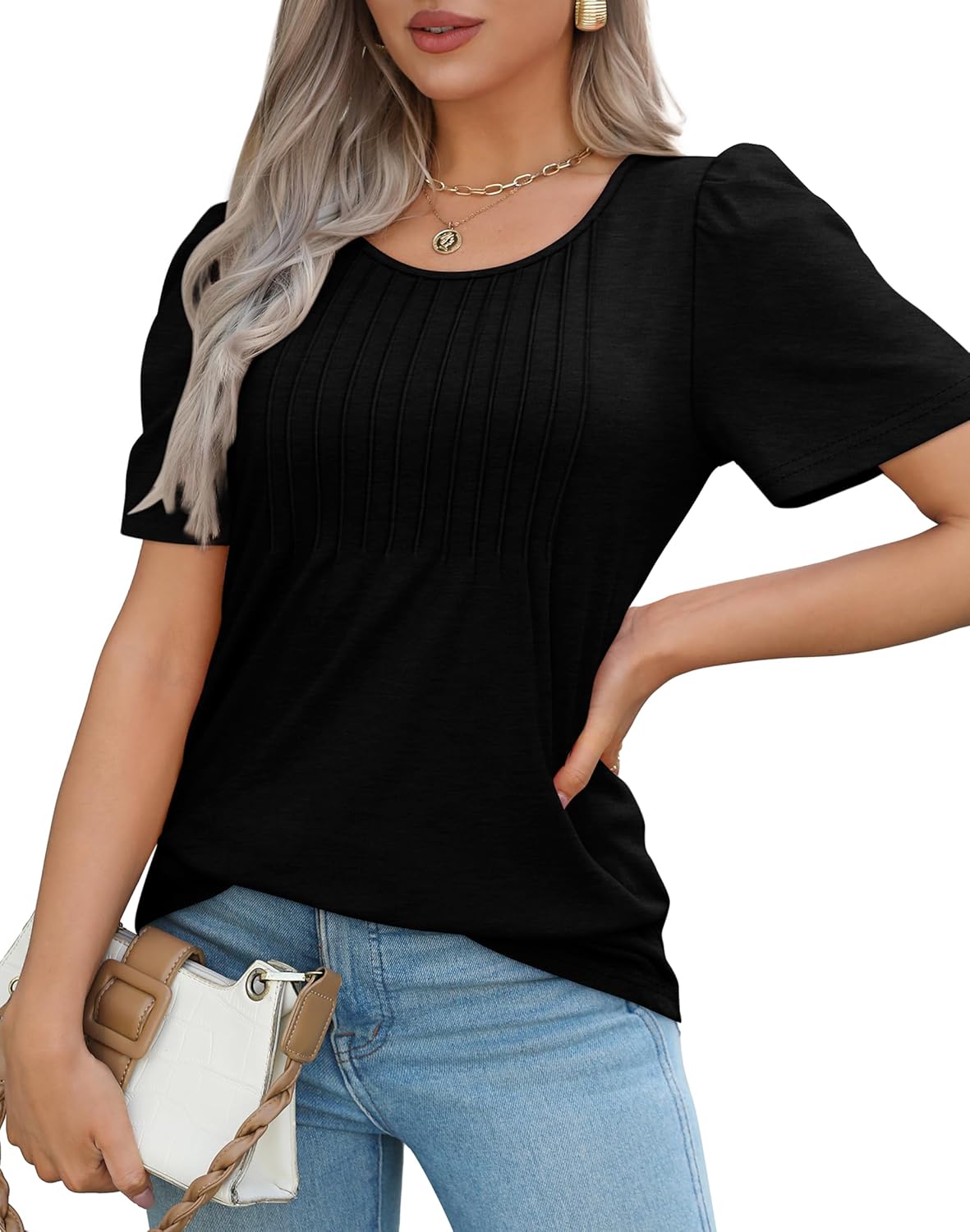 Women’s Short Sleeve Pleated T-Shirt - Casual Scooped Neck Summer Blouse - Picture 25 of 266