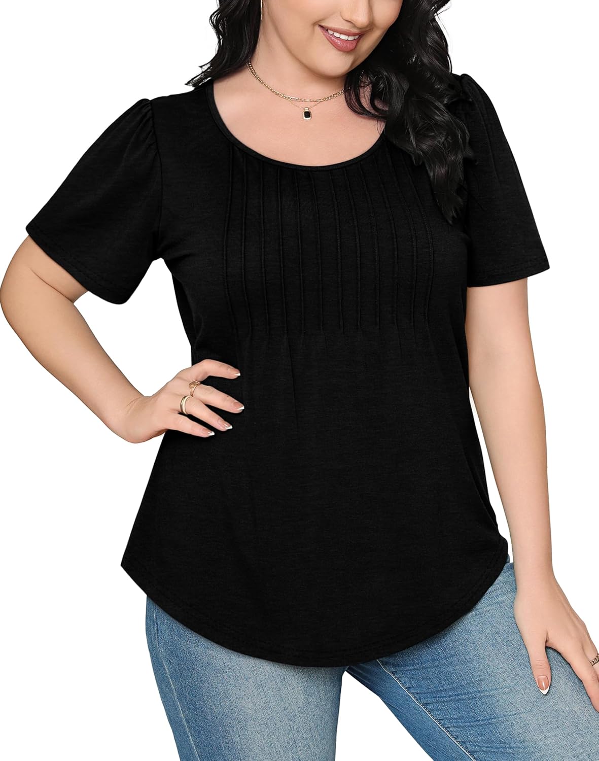 Women’s Short Sleeve Pleated T-Shirt - Casual Scooped Neck Summer Blouse - Picture 26 of 266