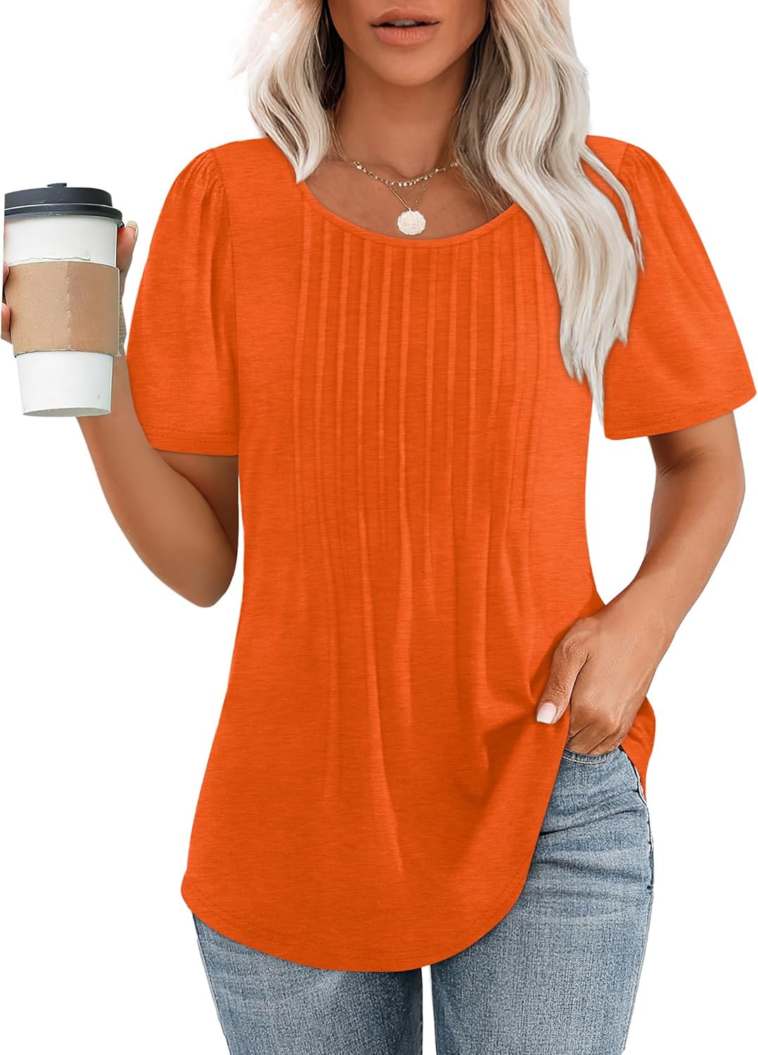 Women’s Short Sleeve Pleated T-Shirt - Casual Scooped Neck Summer Blouse - Picture 29 of 266
