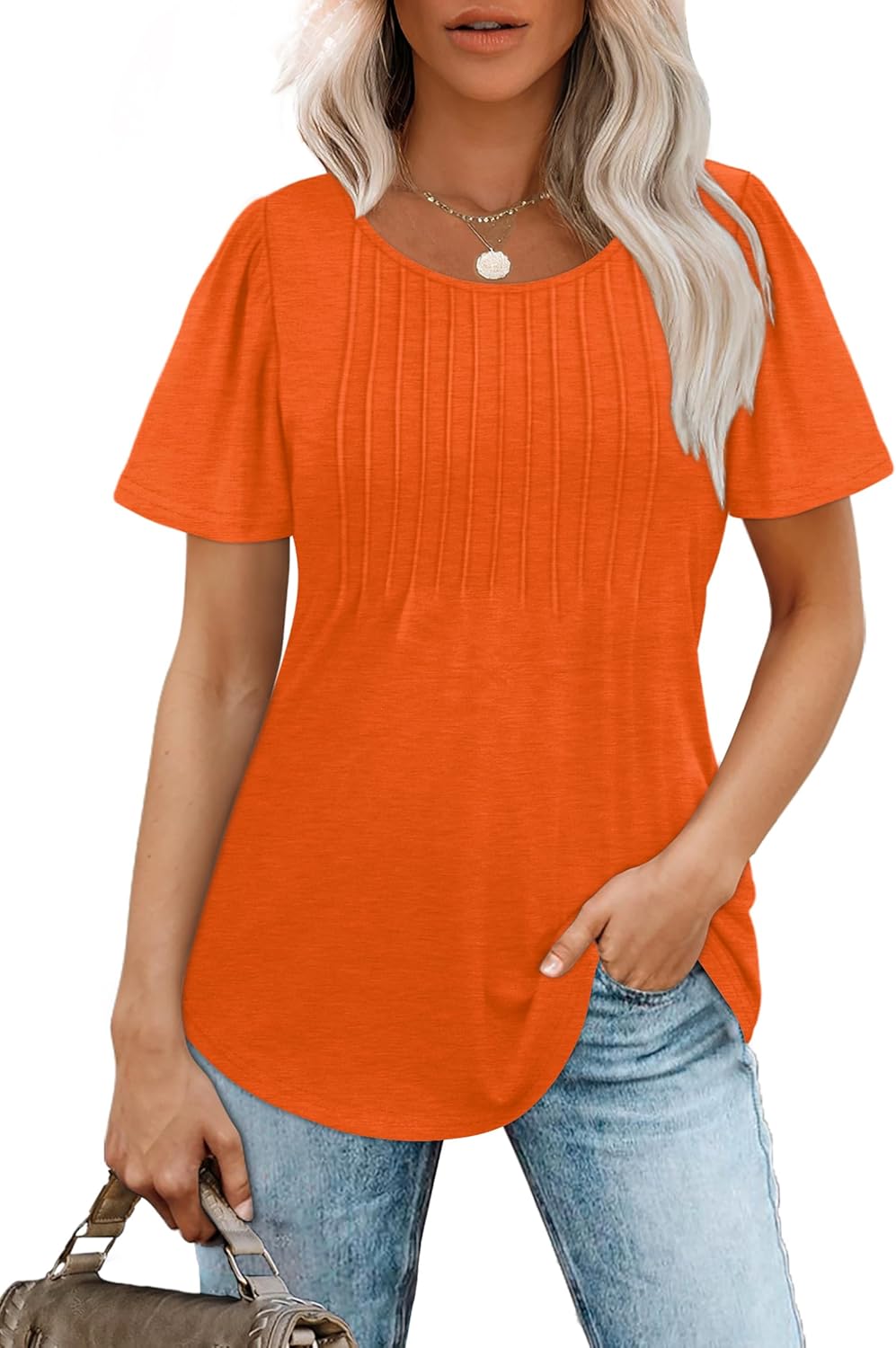 Women’s Short Sleeve Pleated T-Shirt - Casual Scooped Neck Summer Blouse - Picture 30 of 266