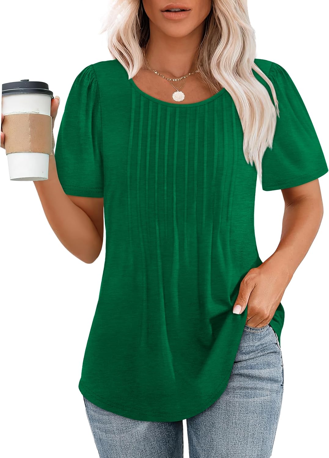 Women’s Short Sleeve Pleated T-Shirt - Casual Scooped Neck Summer Blouse - Picture 35 of 266