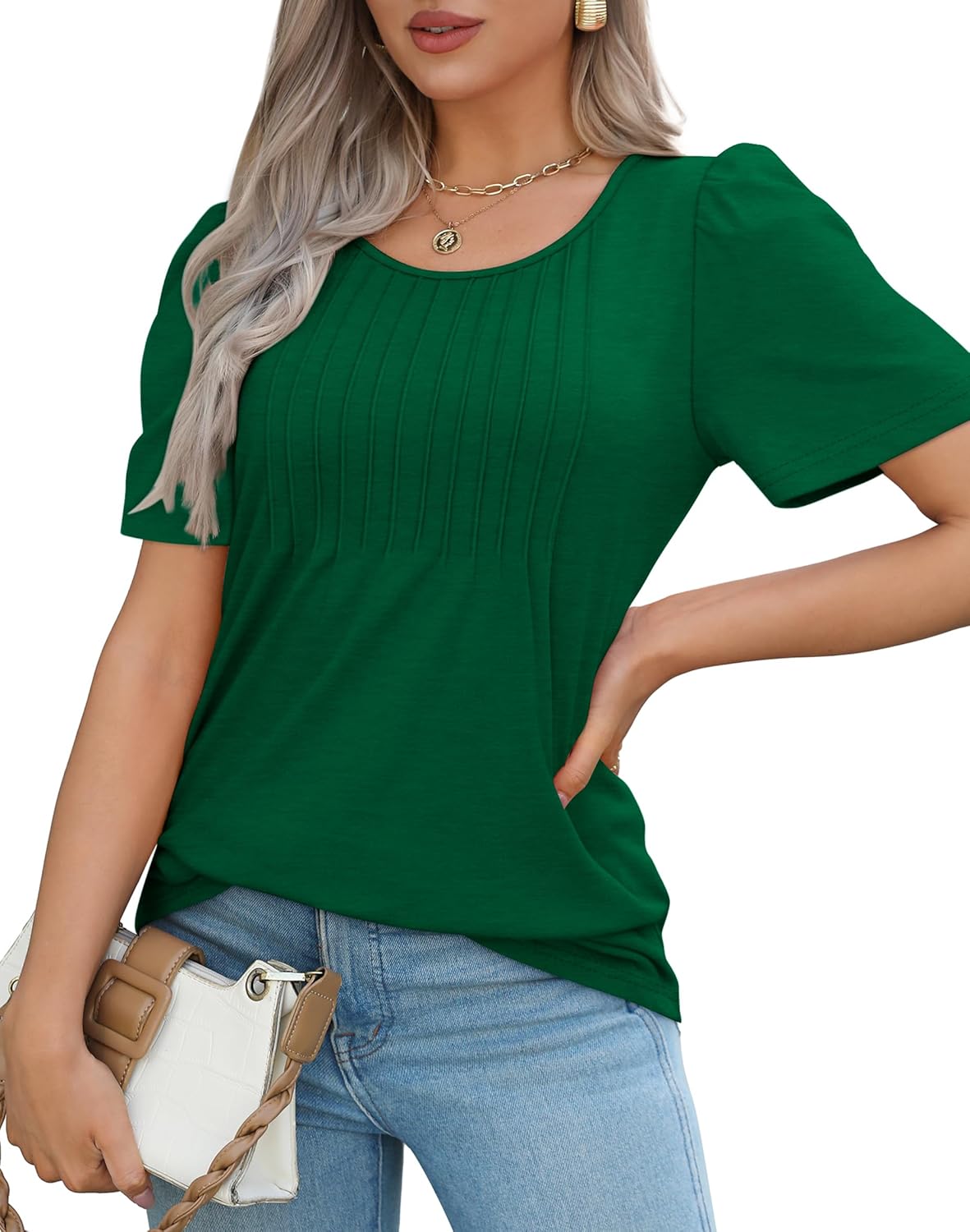 Women’s Short Sleeve Pleated T-Shirt - Casual Scooped Neck Summer Blouse - Picture 37 of 266