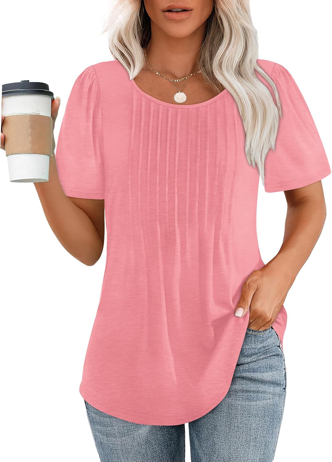 Women’s Short Sleeve Pleated T-Shirt - Casual Scooped Neck Summer Blouse - Picture 41 of 266