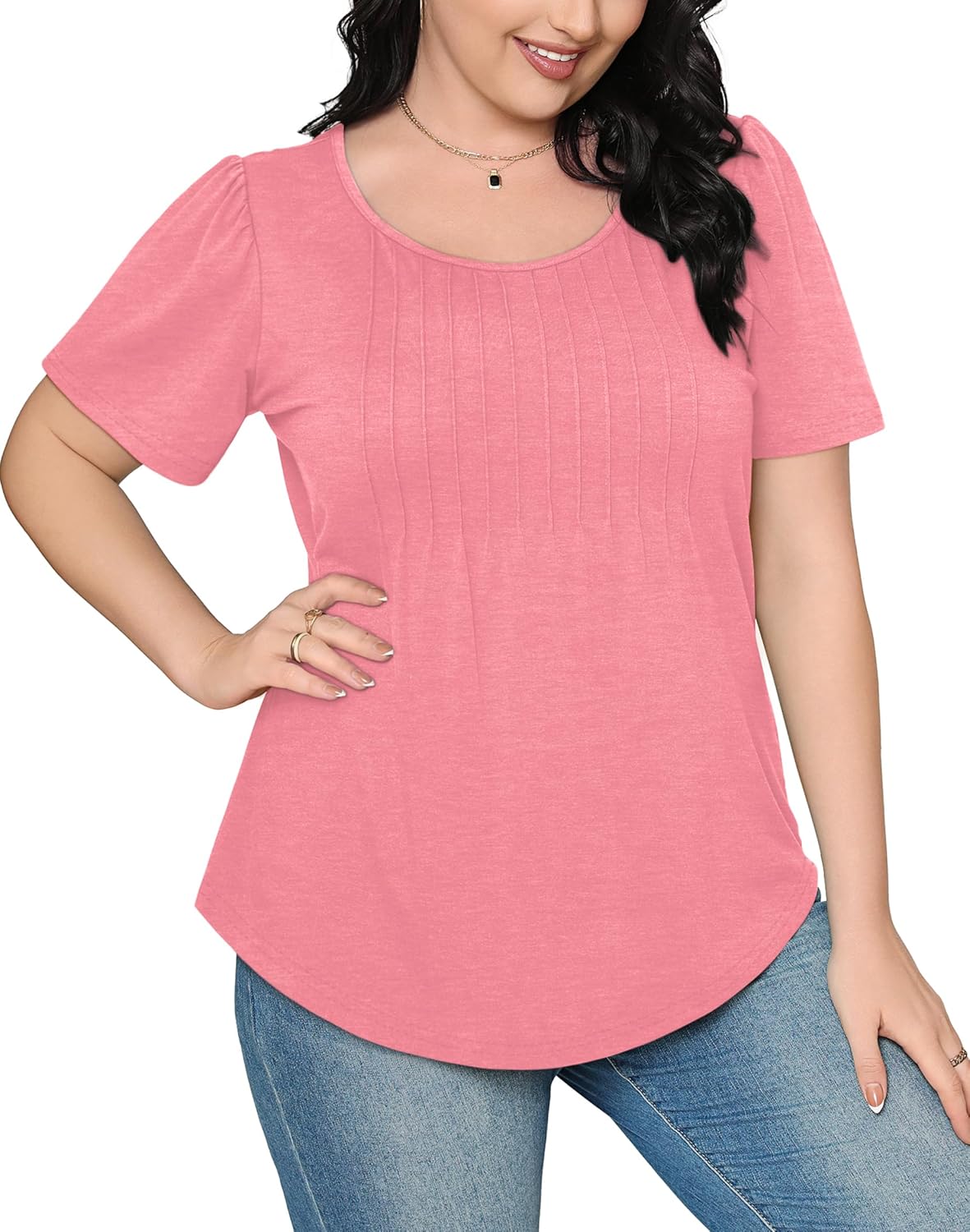 Women’s Short Sleeve Pleated T-Shirt - Casual Scooped Neck Summer Blouse - Picture 44 of 266