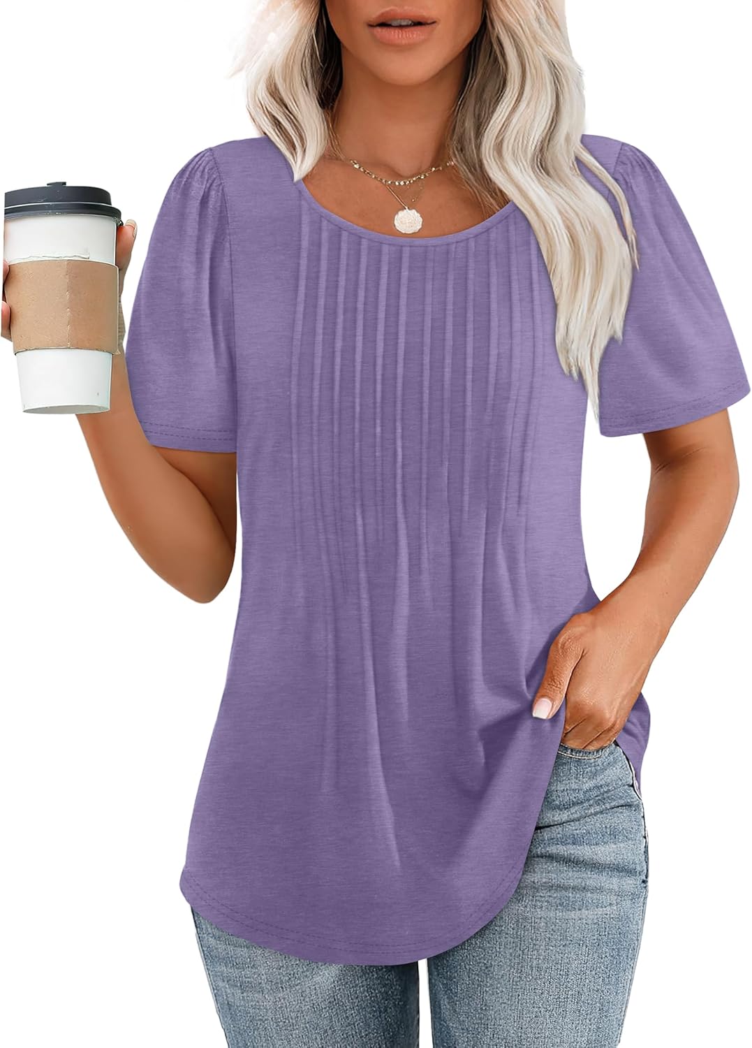 Women’s Short Sleeve Pleated T-Shirt - Casual Scooped Neck Summer Blouse - Picture 47 of 266