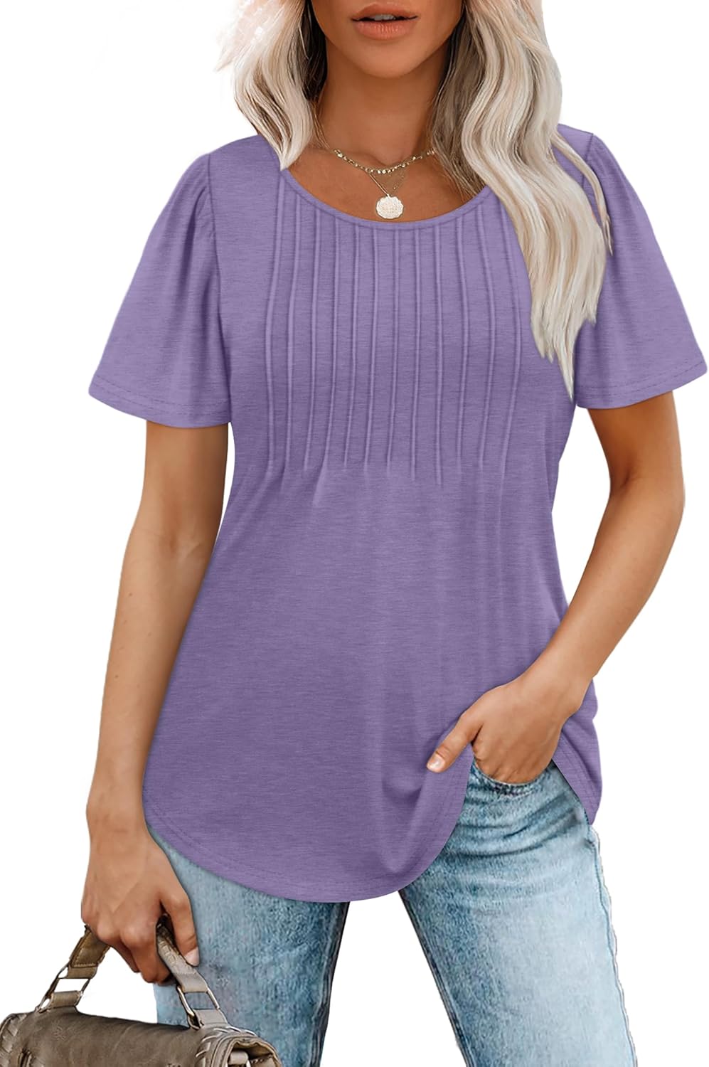 Women’s Short Sleeve Pleated T-Shirt - Casual Scooped Neck Summer Blouse - Picture 48 of 266
