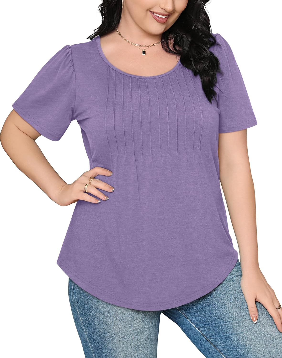 Women’s Short Sleeve Pleated T-Shirt - Casual Scooped Neck Summer Blouse - Picture 50 of 266