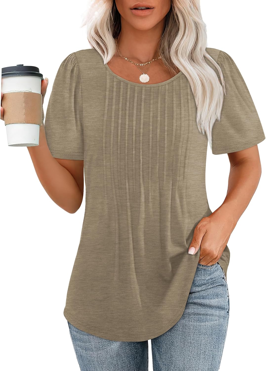 Women’s Short Sleeve Pleated T-Shirt - Casual Scooped Neck Summer Blouse - Picture 53 of 266