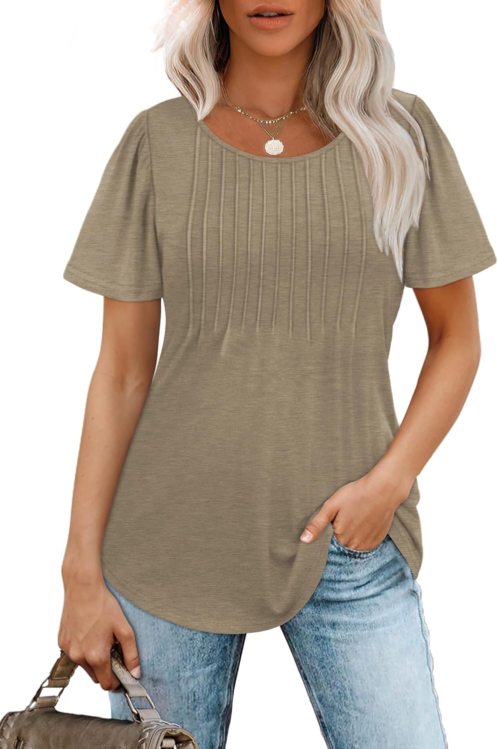 Women’s Short Sleeve Pleated T-Shirt - Casual Scooped Neck Summer Blouse - Picture 54 of 266