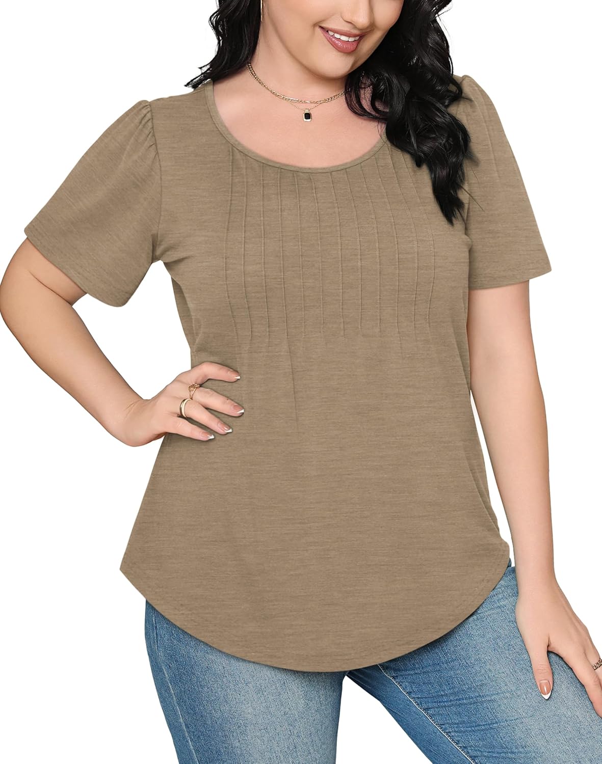 Women’s Short Sleeve Pleated T-Shirt - Casual Scooped Neck Summer Blouse - Picture 56 of 266
