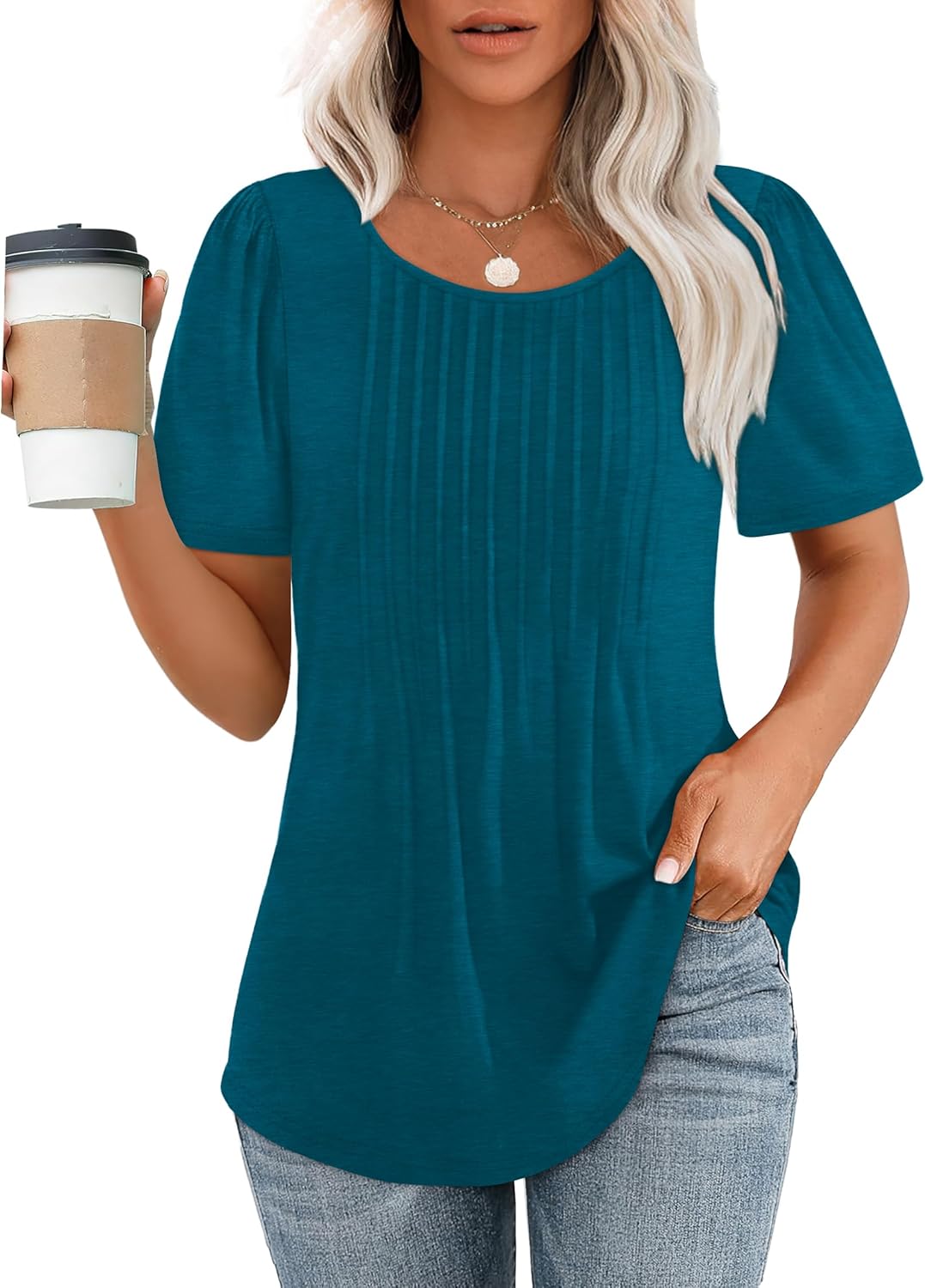 Women’s Short Sleeve Pleated T-Shirt - Casual Scooped Neck Summer Blouse - Picture 59 of 266