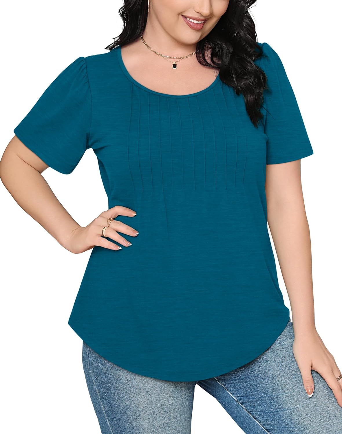 Women’s Short Sleeve Pleated T-Shirt - Casual Scooped Neck Summer Blouse - Picture 62 of 266