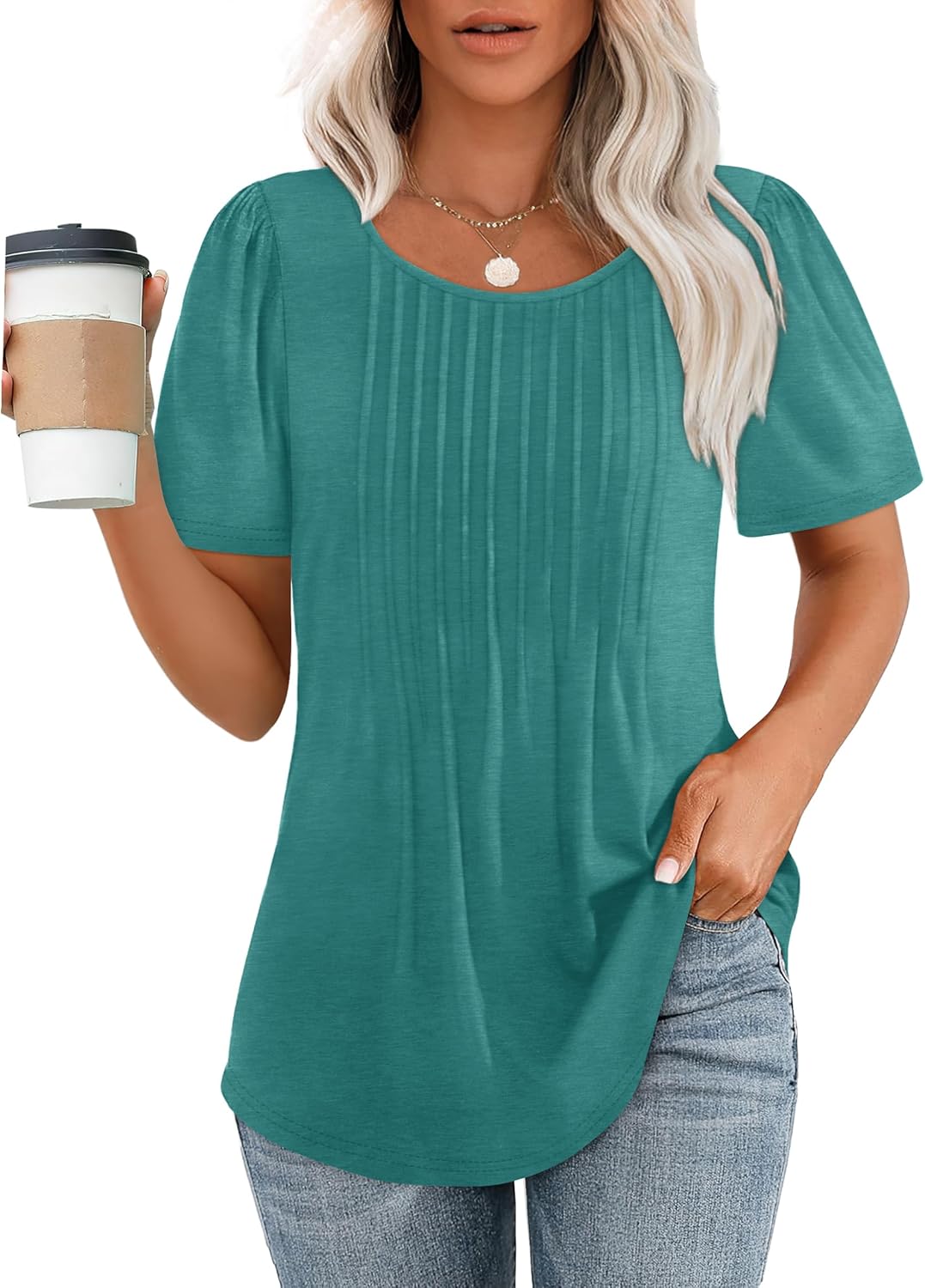 Women’s Short Sleeve Pleated T-Shirt - Casual Scooped Neck Summer Blouse - Picture 65 of 266