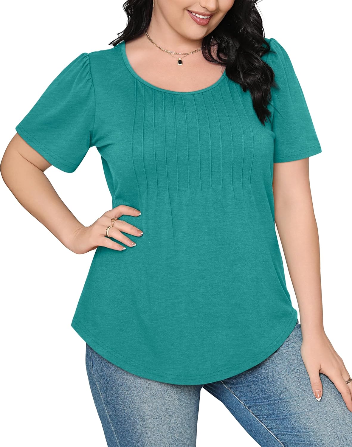 Women’s Short Sleeve Pleated T-Shirt - Casual Scooped Neck Summer Blouse - Picture 68 of 266