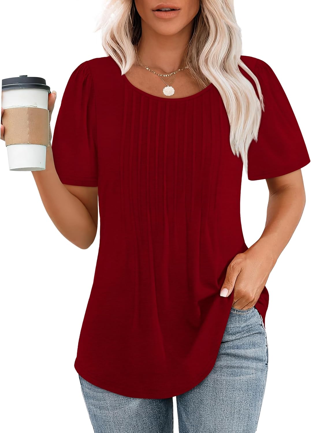 Women’s Short Sleeve Pleated T-Shirt - Casual Scooped Neck Summer Blouse - Picture 71 of 266