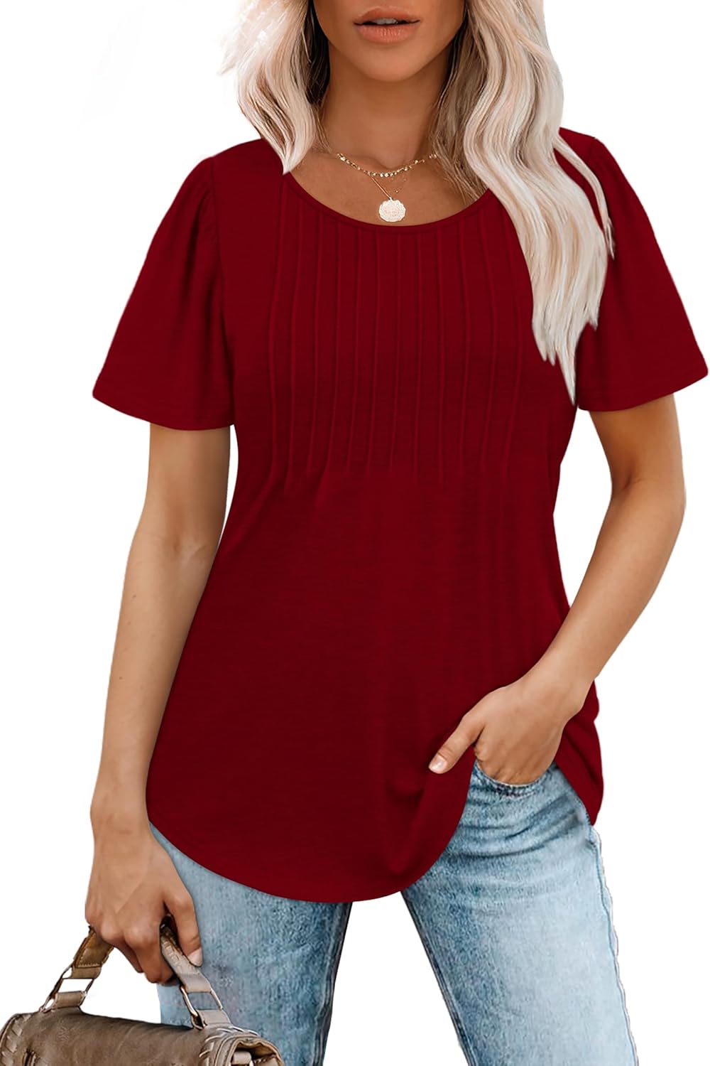 Women’s Short Sleeve Pleated T-Shirt - Casual Scooped Neck Summer Blouse - Picture 72 of 266