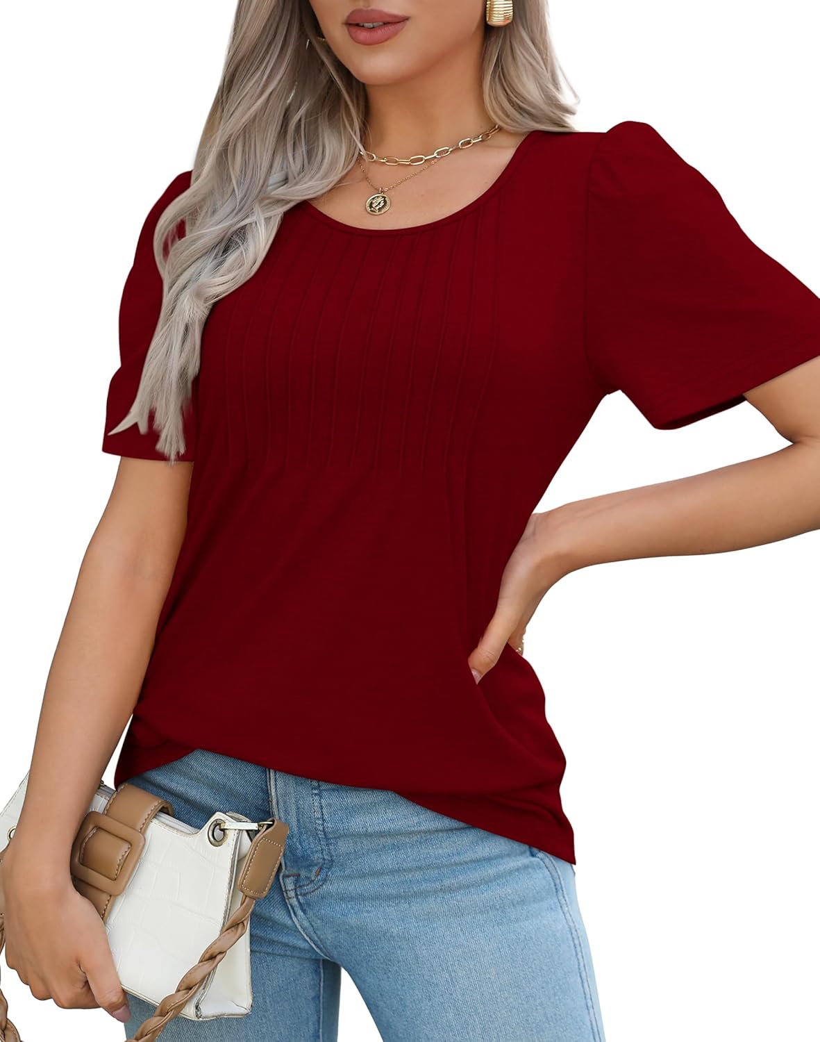 Women’s Short Sleeve Pleated T-Shirt - Casual Scooped Neck Summer Blouse - Picture 73 of 266
