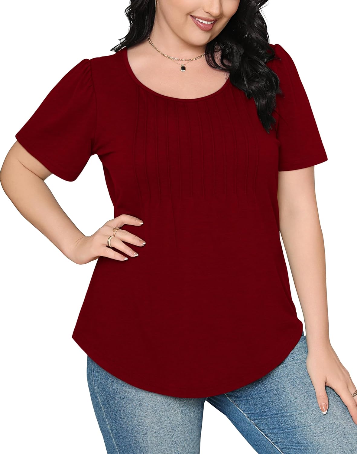Women’s Short Sleeve Pleated T-Shirt - Casual Scooped Neck Summer Blouse - Picture 74 of 266