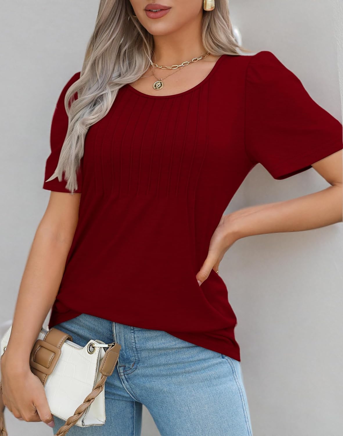 Women’s Short Sleeve Pleated T-Shirt - Casual Scooped Neck Summer Blouse - Picture 77 of 266
