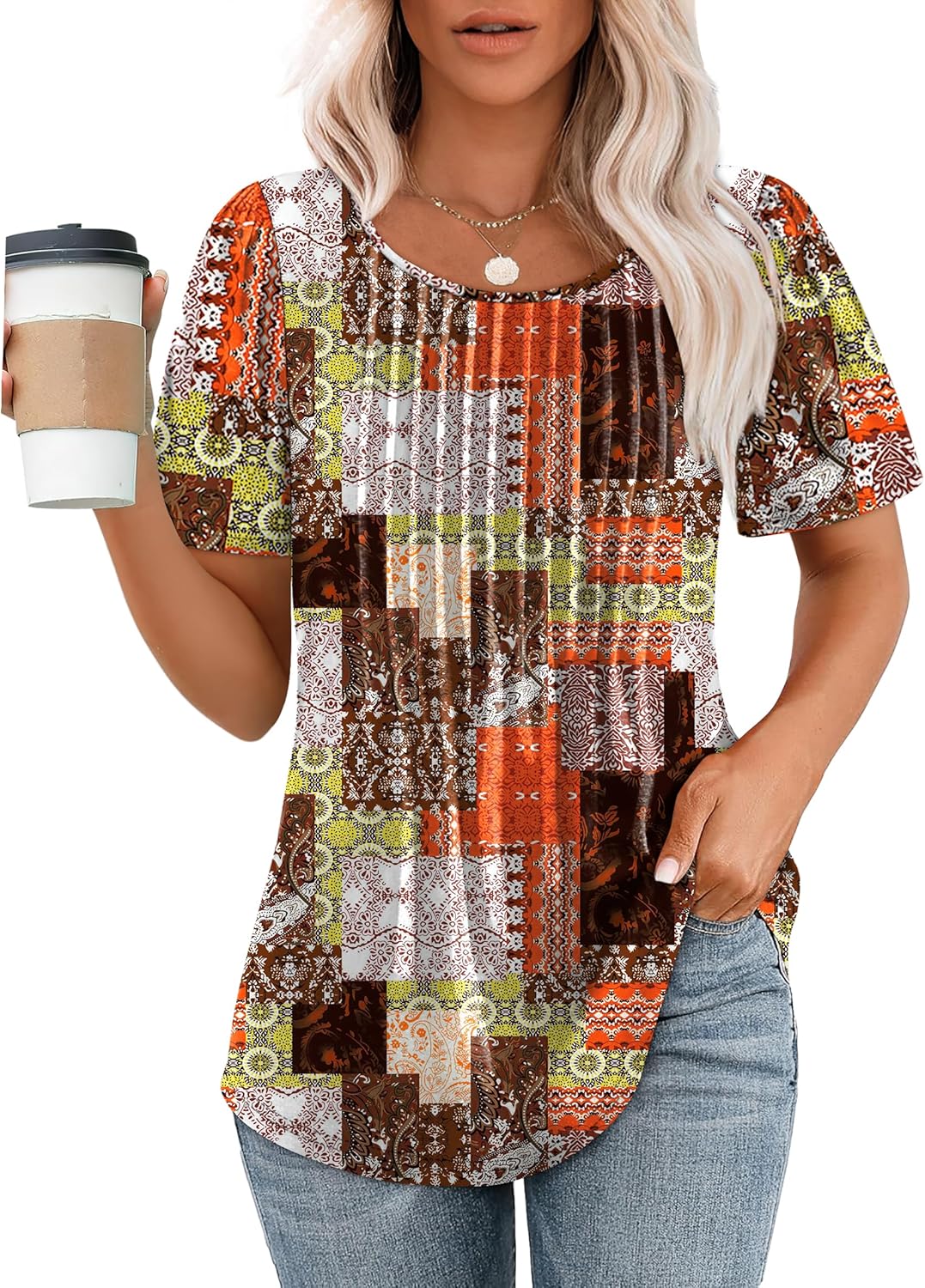 Women’s Short Sleeve Pleated T-Shirt - Casual Scooped Neck Summer Blouse - Picture 78 of 266