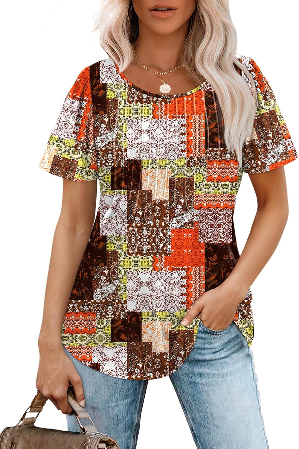 Women’s Short Sleeve Pleated T-Shirt - Casual Scooped Neck Summer Blouse - Picture 79 of 266