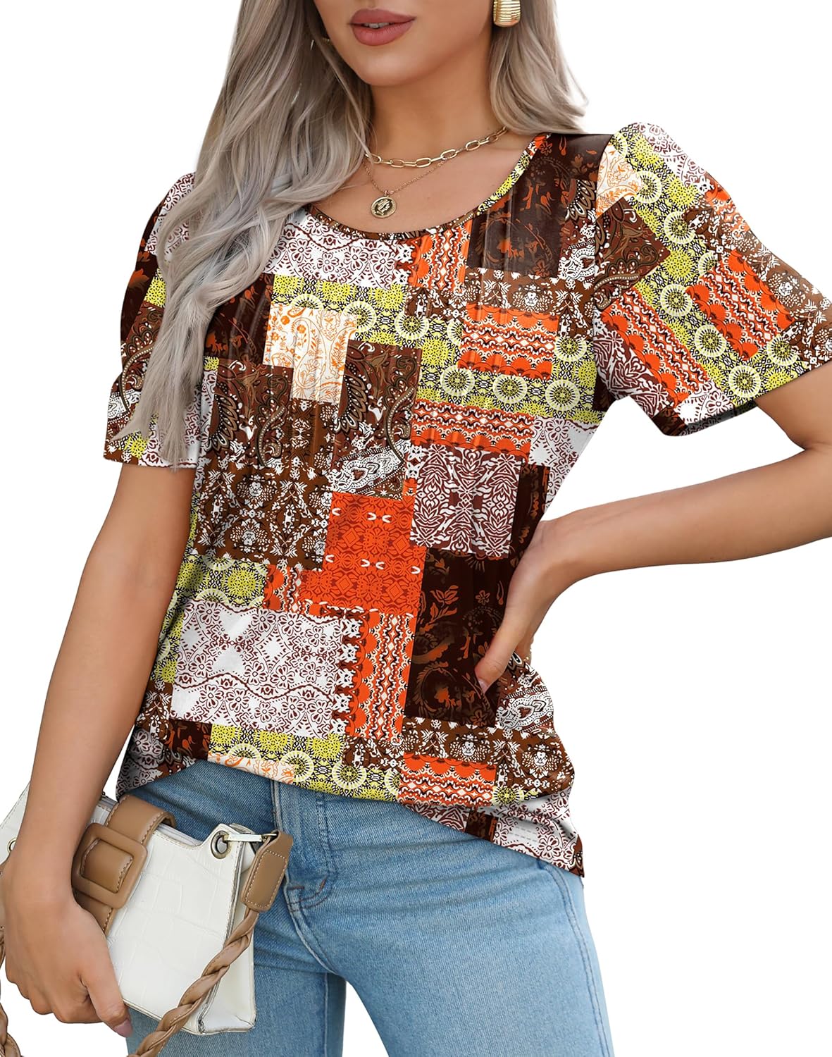 Women’s Short Sleeve Pleated T-Shirt - Casual Scooped Neck Summer Blouse - Picture 80 of 266